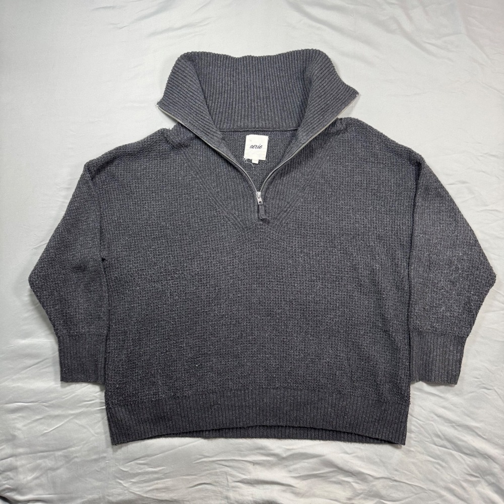 Aerie Womens S 1/4 Zip Pullover Sweater Gray Waffle Knit Relaxed Fit Cozy Office